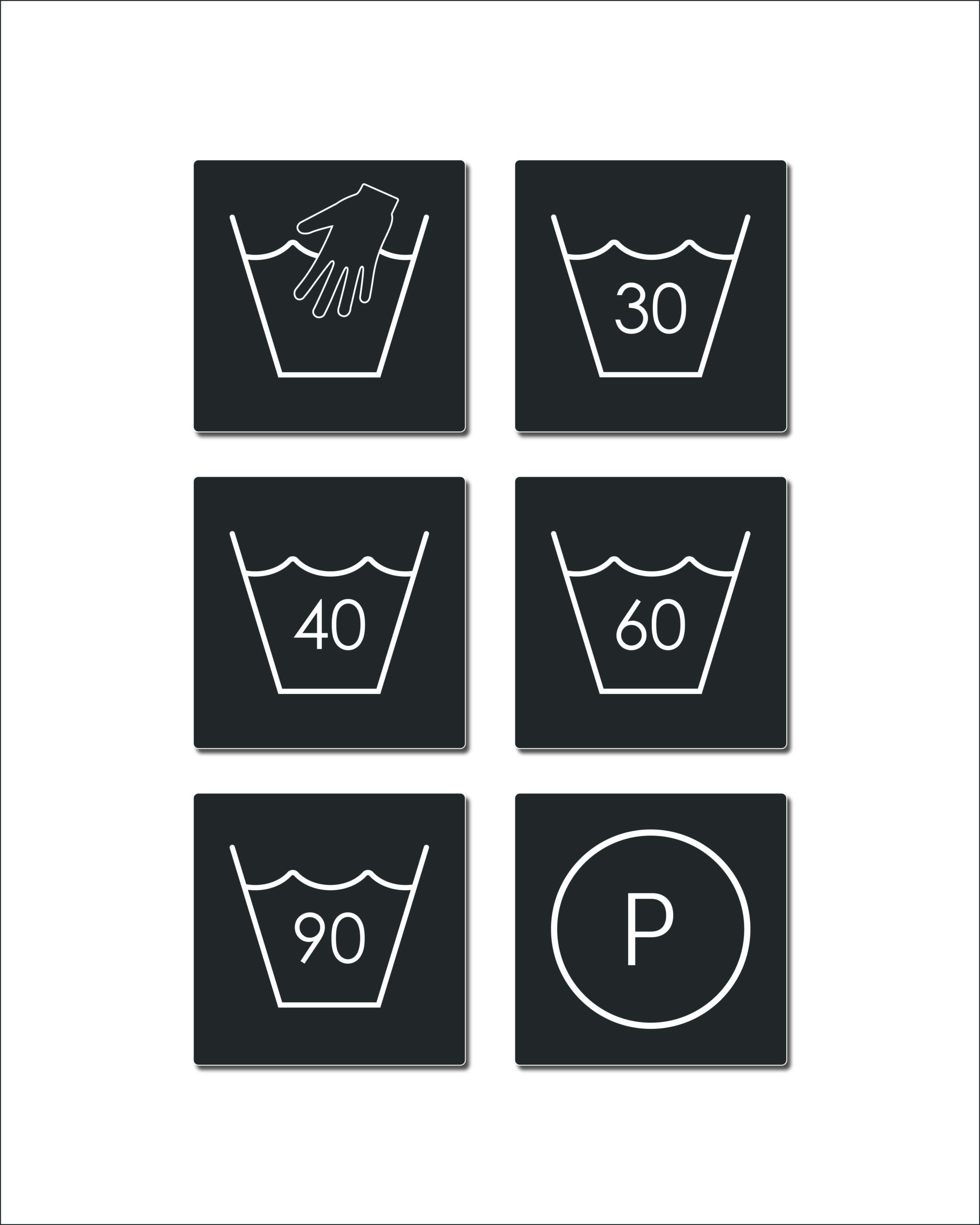 Värdepack. 6st tvättsymboler självhäftande. Svart, fyrkantig skylt.