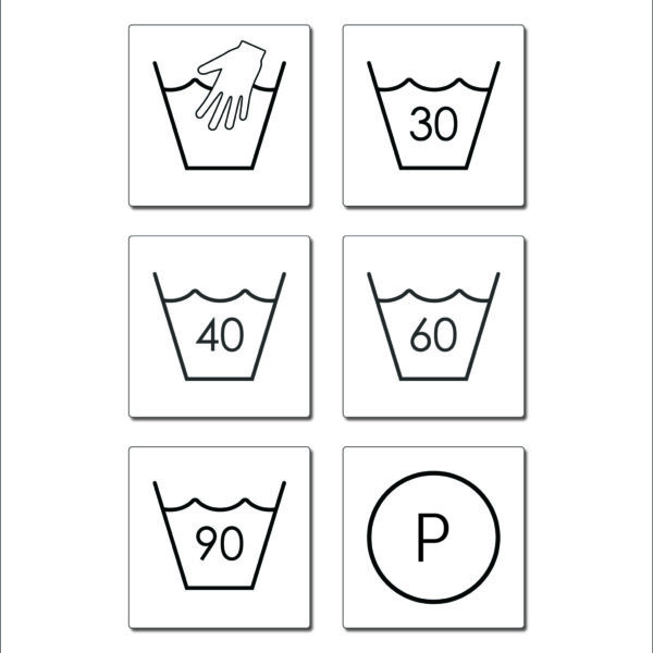 Värdepack. 6st tvättsymboler självhäftande. Vit, fyrkantig skylt.