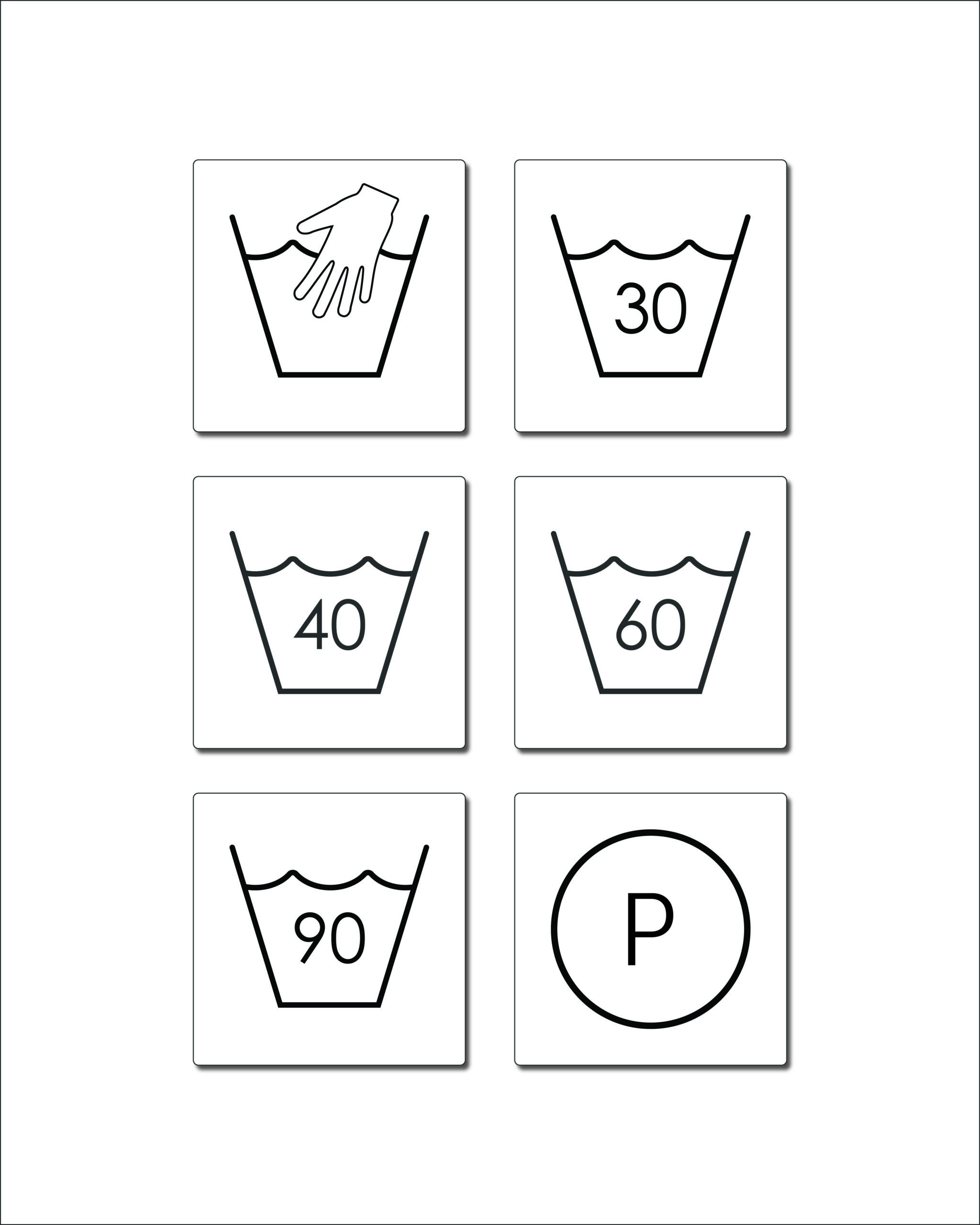 Värdepack. 6st tvättsymboler självhäftande. Vit, fyrkantig skylt.