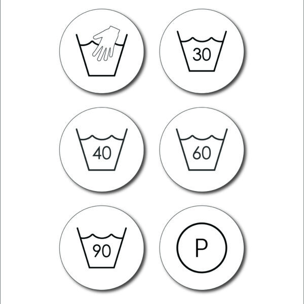 Värdepack. 6st tvättsymboler självhäftande. Vit, rund skylt.