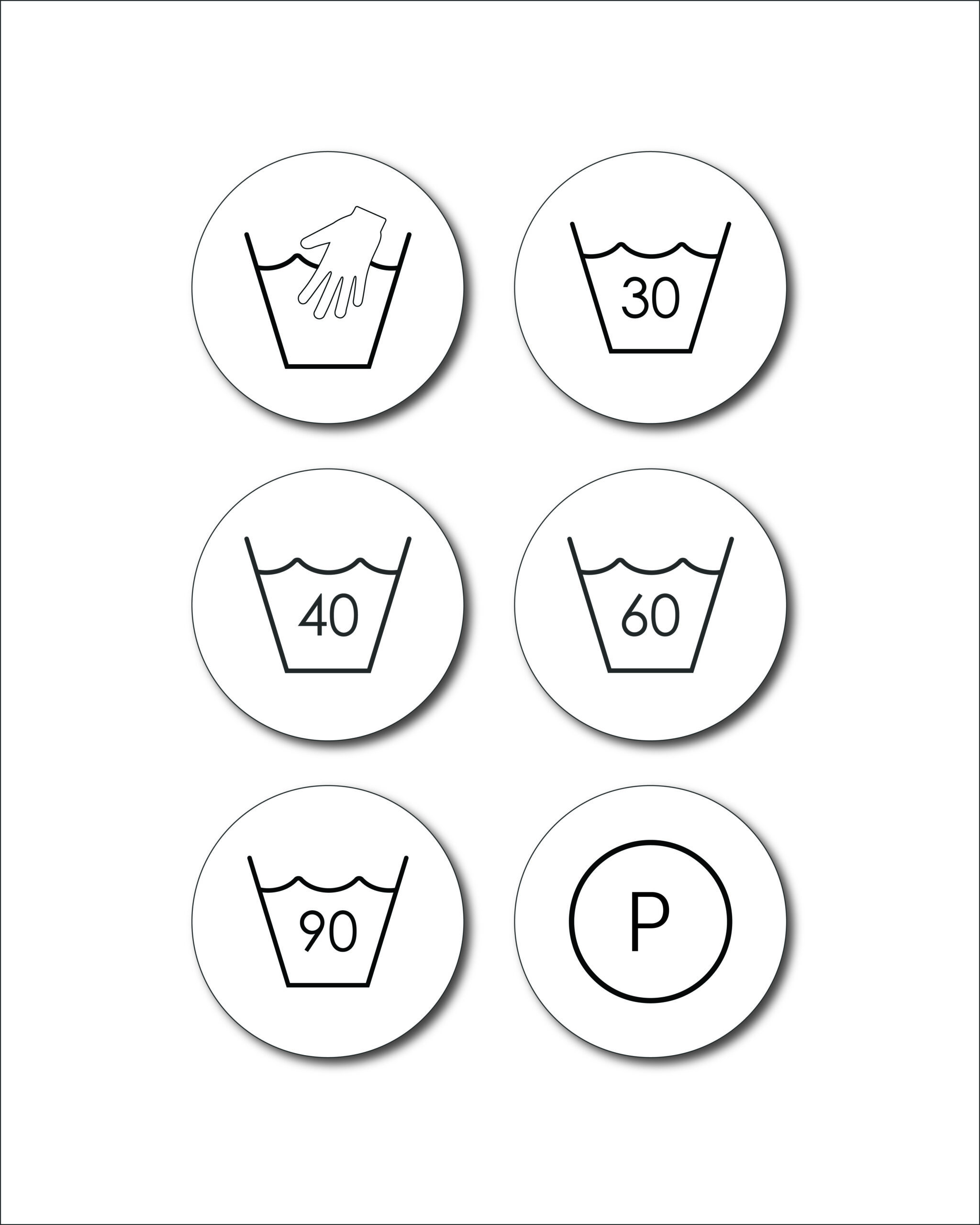 Värdepack. 6st tvättsymboler självhäftande. Vit, rund skylt.