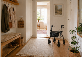 Hall med rollator och korg för post och räkningar